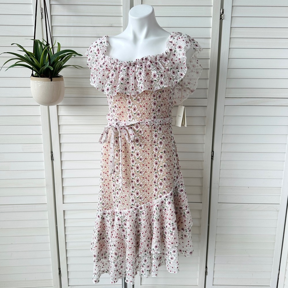 New Tularosa Revolve Juno‎ Dress Floral Lace Ruffle Midi Off Shoulder Size M